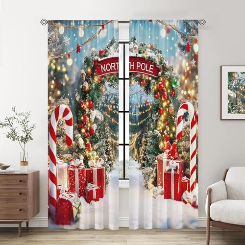 Rieetmk 82 Wx 84 L Winter Christmas Curtains, North Pole Aurora Forest with Candy Canes & Snowflakes, Christmas Window Curtain for Living Room Bedroom, Holiday Decor, Grommet Top, Machine Washable