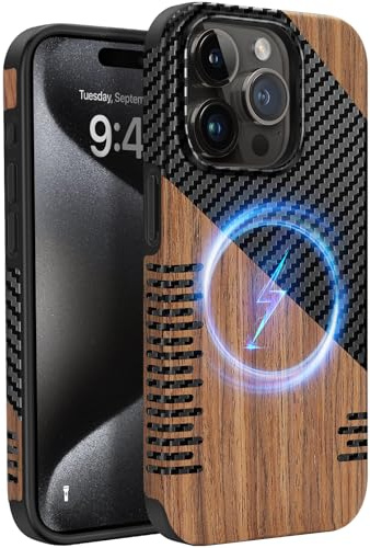ZZDZZ Cover Magnetica per iPhone 15 Pro Max Compatibile con MagSafe, Custodia in Legno con Pelle e TPU Design Protezione Antiurto Cover Compatibile con iPhone 15 Pro Max (Twill & Legno)