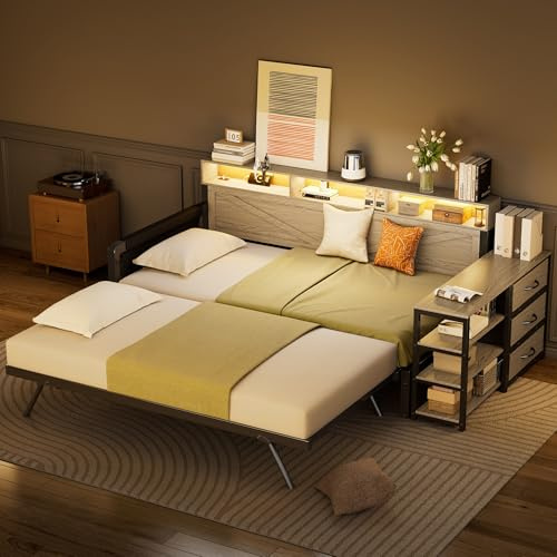Soweiz Sofá cama de metal 90 x 200 cm, cama infantil con cama nido ajustable, 3 cajones, iluminación LED y puerto USB, color negro