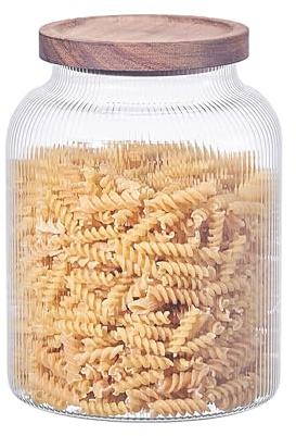 Eden & Willow Large Ribbed Wide Mouth Glass Storage Jar with Airtight Acacia Wooden Lid – Clear Kitchen Canister for bulk storage – Pantry Organisation (1, 2.5L)