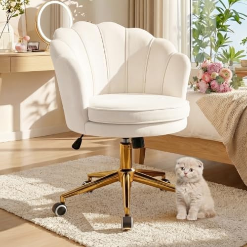 Hellove Chaise Coiffeuse Pivotante – Chaise Pétale/Coquillage en Velours Beige avec roulettes, Fauteuil Coiffeuse Hauteur Réglable, Base Métallique Dorée – pour Salon, Bureau, Chambre