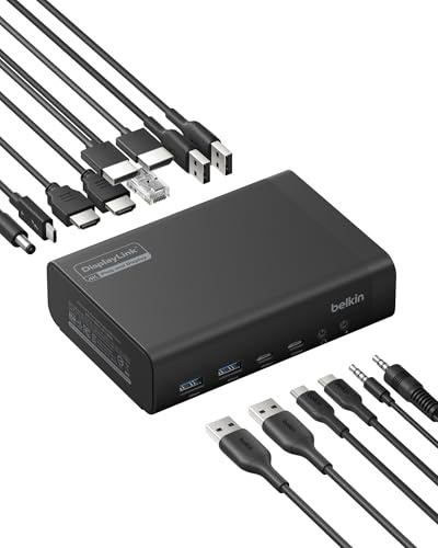 Belkin Connect - Estación de acoplamiento 14 en 1 de 100 W, base USB C de doble pantalla con soporte 4K a 60 Hz, tecnología DisplayLink, base USB C con transferencia de datos de 10 Gbps, puerto