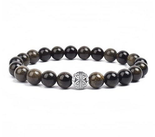 MetJakt Natürliche 8 mm Edelsteine Heilung Crystal Stretch Perlen Armband Armreif mit 925 Sterling Silber Double Happiness Anhänger (Obsidian)