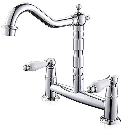 Ghopy 2 Hole Kitchen Sink Mixer Tap Traditional Deck Mounted Chrome Swivel Spout Brass Bridge Tap
