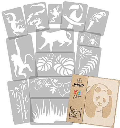 NAKLEO Schablonen Malen für Wandgestaltung im Kinderzimmer, 14 Stück Set 9x12 bis 23x34cm Dschungel Tiere, Kinderzimmer Malvorlage Raumdekoration, Basteln DIY Wand Möbel
