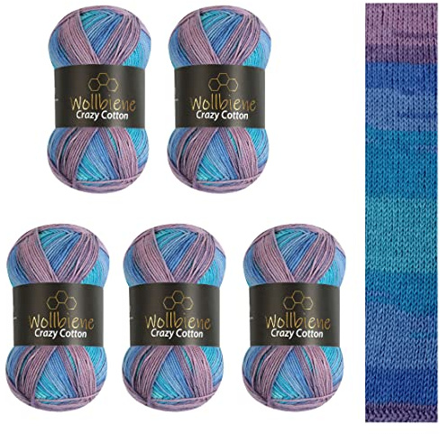 5 x 100g Wollbiene Crazy Cotton Batik 500 Gramm mit Farbverlauf 55% Baumwolle mehrfarbig Multicolor Strickwolle Häkelwolle Wolle Ganzjahreswolle (6020 blau flieder türkis)