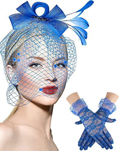 FULIER Fascinators Hut Blume Mesh Stirnband Tea Party Hut Federn Schleier Mesh Stirnband mit Spitze Handschuhe Set