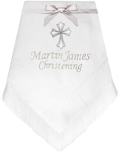 TeddyT's Personalised White and Silver Embroidered Cross Baby Birth Shawl Blanket