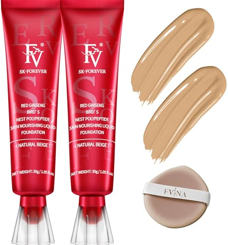 FV 2 Pack Waterproof Foundation, Lightweight & Medium Coverage Foundation with Matte Finish, Oil Control Long Lasting Liquid Foundation Makeup for Oily Normal Skin (Natural Beige, 1.05 fl.oz)