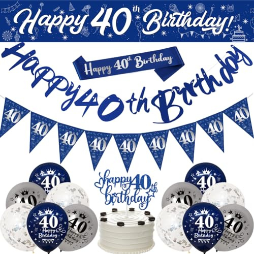 Happy 40th Birthday Decorations Banners Balloon for Men Blue & Silver | Banner Bunting Sash Confetti Latex Balloons Triangle Flags Cake Toppers