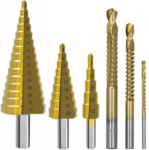 KEWAYO Set di 6 pezzi di punte rivestite in titanio, Set di punte for trapano a gradino in acciaio HSS da 3 pezzi 4-12/20 / 32mm Foro in metallo Foratura conica in legno 3,6,8 Trapano for sega