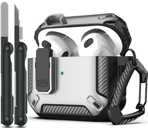RFUNGUANGO Kompatibel mit AirPods 3 hülle Schutzhülle mit Reinigungsset, militärische Hartschalen-Schutzhülle mit Schloss Kompatibel mit AirPod Gen 3 Ladehülle 2021,Silber