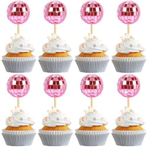 24 PCS Pink Disco Ball Cupcake Toppers, Disco Ball Cupcake Picks, Mini Disco Ball Cake Toppers Disco Theme Cake Decorations for Disco Theme Party 70s Disco Party Decorations