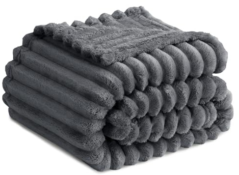 RUIKASI Fleece Throw Blanket for Sofa - Single Fluffy Grey Throws for Sofas Large, Soft Warm Blanket Throw for Couch, Luxury Decorative Ribbed Bed Blanket 130x150cm