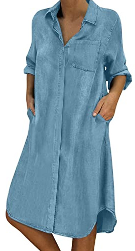 Jeansklänning dam knälång – skjortblusklänning dam blå ledig korta ärmar, knapp nedtill, denim babydoll, jeanklänning, Eanklänning sommar, kortärmad knappklänning, blusklänning, skjortklänning,