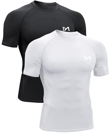 MEETYOO Kompressionströja för män, funktionell skjorta, kortärmad fitnessskjorta, män, sportskjorta, andas, löpartröja för löpning, jogging, sportskjorta, gym, Svart + vit, M