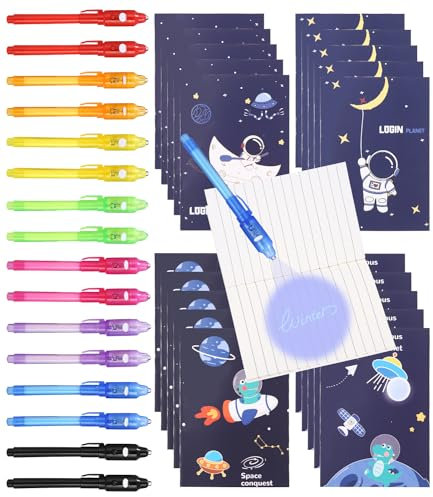 SOBEAU Zauberstifte Set, 16 x Geheimstift mit UV-Licht, 8 Farben, Stift mit 20 Notizbuch Geheimstift, Leuchtstifte für Kinder,UV Stift Geschenke zur Einschulung Schultüte,Kindergeburtstag