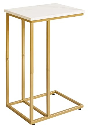 Aibiju Tavolino a Forma di C,Tavolino da Caffè per Studio, Lavoro, Industriale per Piccoli Spazi, Soggiorno, Camera da Letto, Moderna, Struttura in Marmo Bianco e Metallo Dorato, YD-TM051G