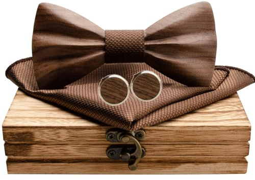 Mr.Van Noeud Papillon Hommes Bois Fait Main, Taille Réglable,Classique en Bois de Noyer Noir Naturel avec avec Boutons de manchette,Mouchoir set et Boîte-cadeau pour Hommes Bal de Mariage Marron