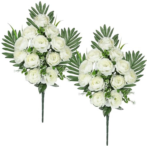 Arborus 2 fiori artificiali per cimitero per tombe da 54,9 cm, fiori finti di camelia bianca, bouquet di fiori di seta commemorativi per tombe, fiori artificiali primaverili per la decorazione di vasi