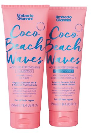 Umberto Giannini Coco Beach Waves Hydrating Coconut Sulphate-Free Shampoo 250ml & Nourishing Conditioner 250ml - Revives Dry, Sun-Damaged Hair