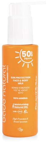 Bade Natural Mineral Sunscreen Milk SPF 50 – Broad Spectrum UVA/UVB Protection for Face & Body with Zinc Oxide, Calendula Oil & Vitamin B5 – 3.38 fl oz