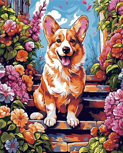 Aimaor Malen Nach Zahlen Erwachsene,Blumenhund Paint by Numbers Adult Bastelset Malen-Nach-Zahlen Kinder Anfänger Leinwand Kreativ Set DIY Set Malen nach Zahlen（DIY Frame） 50x65cm