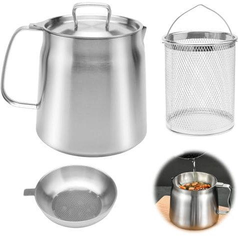 APOMOONS Recipiente para grasa de tocino de acero inoxidable, ahorrador con colador de malla fina, depósito de aceite de 2 litros, bote de grasa con tapa a prueba de polvo, herramientas de cocina para
