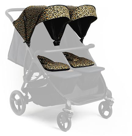 Roma Gemini - Passeggino doppio, colore: cachi leopardato, compatto fianco a fianco per neonati, 69 cm di larghezza, 22 kg per sedile, imbracatura magnetica, facile da montare, ruote antiforatura