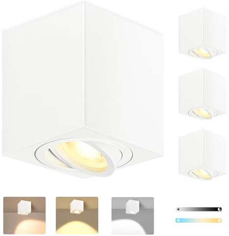 GeyouLux 4x LED Aufbauspot Eckig Weiß, 230V 5W dimmbar, 3 Lichtfarben | 500lm, 3000K/4000K/6500K, 30° schwenkbar, 80 x H84 mm, Aluminium, LED-Modul inklusive