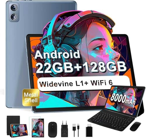Dghrti 2025 Tablet 10 Zoll Android, 22GB RAM+128GB ROM/TF 1TB, 8-Core 2.0GHz, 8000mAh, UFS 2.1 Flash, Metallgehäuse, Dual WiFi, BT5.0, 8+5MP, Widevine L1, mit Tastatur & Maus, Grau