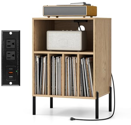 GOPLUS Meuble Platine Vinyles avec Station de Charge, 2 Prise, 2 USB & 1 Type C, Support Tourne-Disque avec 5 Compartiments, Kits Anti-basculement, Pieds en Métal, 53x45x78,5cm (Naturel)