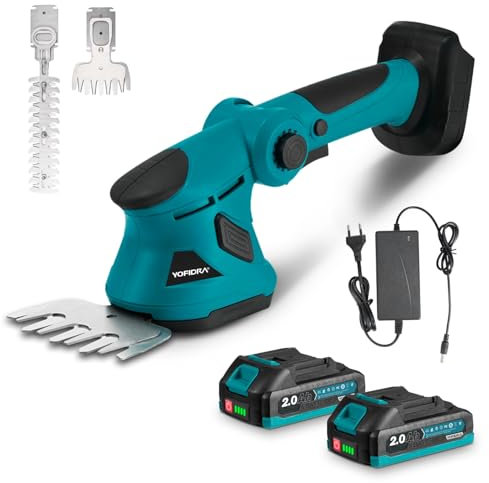 Yofidra Akku Strauch und Grasschere, 2-in-1 Kleine Heckenschere Elektrisch Gartenschere mit 2x2,0 Ah Akkus, Heckenschere Elektrische 90° Verstellbarer Kopf für Garten und Hecken