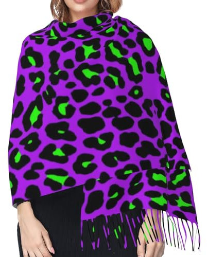 Hceaatb Damen-Schal, violett, gestreift, Leopardenmuster, modisch, Winter, warm, Kaschmir, Fransenschal, Schwarz , Einheitsgröße