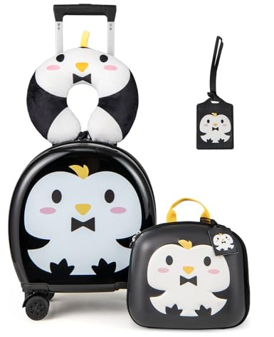 SOARS 4tlg. Kinderkoffer Set, 14” Kindertrolley mit Rucksack, Nackenkissen, Kofferanhänger, Kindergepäck mit Rollen & Teleskopgriff, Reisekoffer Kinder Jungen & Mädchen (Pinguin)