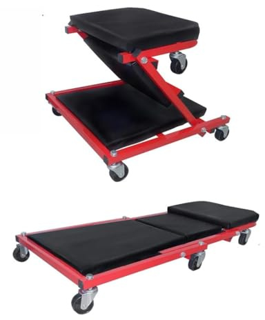 maryse - Lettino Sottoauto e Sgabello a Carrello 2in1 per Officina – Struttura in Acciaio Rinforzato, Ruote Silenziose, Max 150 kg, Comfort Imbottito e Design Pieghevole