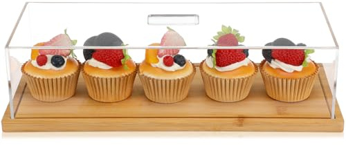 Cinnvoice 1 Pack Rectangle Cake Stand with Lid Bamboo Cake Plate Holder Cookie Dessert Tray with Lid Pastry Display for Kitchen Baking Gifts, Large Rectangle Tray Platter and Acrylic Cover, 15 x 6.5''