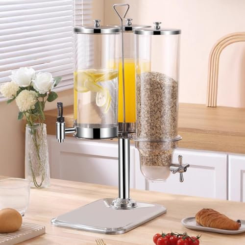 2 in 1 Juice and Cereal Dispenser Combo 6L Drink & 3.5L Dry Food Storage Rotary Self Service Beverage and Nut Machine PC & Stainless Steel