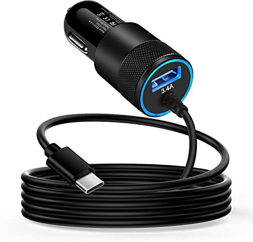 USB Car Charger Adapter, 3.4A Cigarette Lighter USB Charger Fast USB C Car Charger with 1M USBC Cable for Samsung Galaxy A16/A15/A14/A56/A55/A54/A36/S25/S24/S23/S22/S21, iPhone 17/16/15, Google Pixel