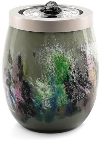 VOREEN Handblown Art Glass Tabletop Fountain, Quiet USB Desk Water Feature for Home & Office, Artisan-Made Landscape Glass Water Design with Soft White Ambient Glow, Collectible Décor Gift – Grey