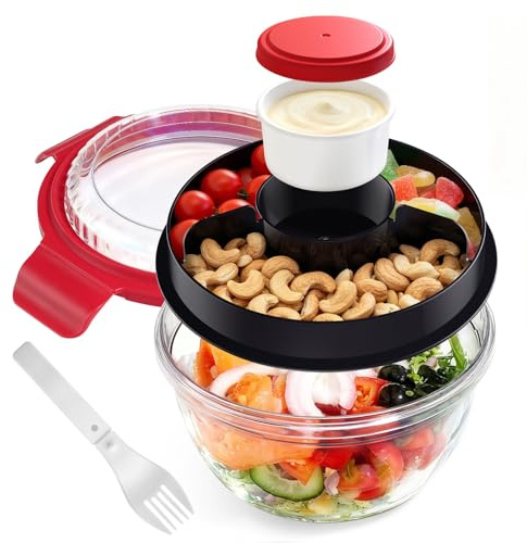 WHALEHOUSE Clear Eco-friendly SK chemicals ECOZEN Salad Container, 33OZ Portable Plastic Salad Bowls with Lid & Snack Tray, Leak-Proof Dressing Container, Reusable Fork, Lunch Box for Meal Prep (Red)