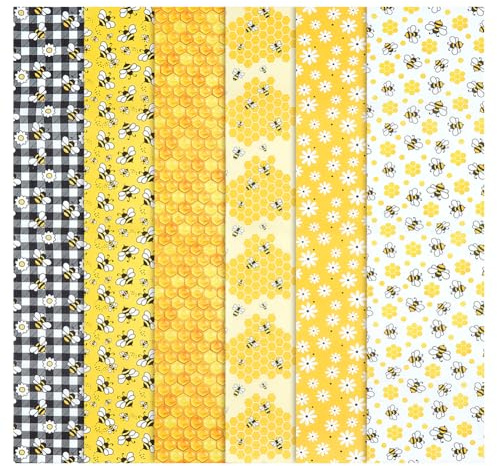 PH PandaHall 6 paquetes de tela de algodón con diseño de margaritas de abeja, acolchado, patchwork, panal, cuadros, telas de costura amarillas, para manualidades, decoración de fiestas, 45 x 50 cm