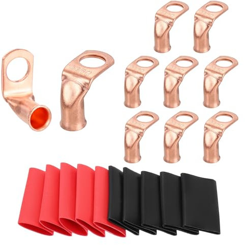 sourcing map 10pcs 4 Awg 90° Bent Copper Lugs Battery Cable Ends, 4 Gauge 3/8 Stud Battery Lugs Ring Terminal Connector with 10pcs 3:1 Black & Red Heat Shrink Tubing
