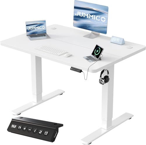 JUMMICO Höhenverstellbarer Schreibtisch 80 x 60 cm, USB-A-Anschluss | Schreibtisch Höhenverstellbar Elektrisch, Erinnerung bei langem Sitzen Stehschreibtisch, Computertisch für Homeoffice Weiß