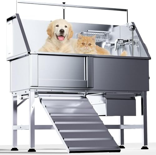 46 Elevated 304 Stainless Steel Dog Washing Station, Heavy-Duty Pet Bathing Tub with Left Side Ramp, Removable Floor Grate & Storage Drawer, Ideal for Large & Medium Dogs
