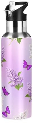 Borraccia termica da 590 ml, senza BPA, borraccia sportiva con cannuccia, per palestra, viaggi, scuola, fiori lilla, farfalle viola