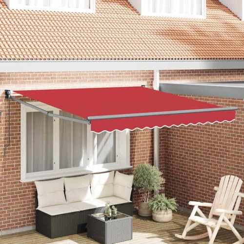 QJBSAVVA Store à bras articulé, manuel, rouge, 350 x 250 cm, en polyester, avec protection UV et matériau imperméable, protection solaire pratique, pour balcon, terrasse et jardin