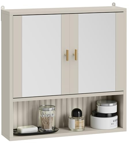 VonHaus Bathroom Mirror Cabinet, Stone Wall Storage Cabinet, Victoria | Wall Mounted Bathroom Storage, Fluted Texture Door & Gold Handle, Water-resistant, For Toiletries & Medicine