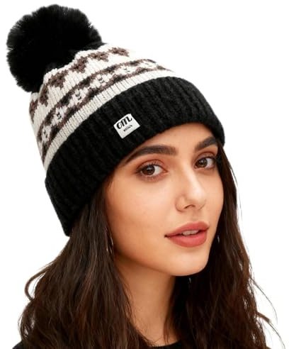 FOSDICK Mütze Damen Winter, Modisch Warme Bommelmütze Damen, Pudelmütze Woman, Strickmützen Schwarz mit Bommel für Den Alltag Oder Outdoor-Aktivitäten im Winter