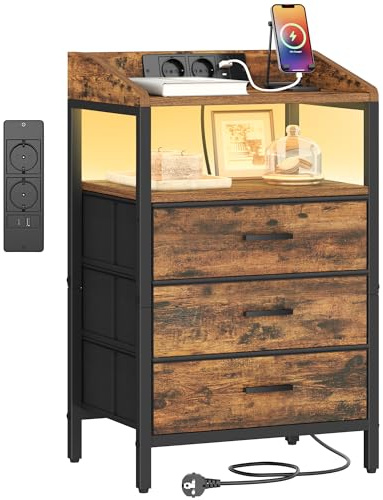 Hzuaneri Nachttisch mit LED-Leuchten und ladefunktion, Beistelltisch | mit 3 Stoff-Schubladen mit USB & AC, für Schlafzimmer, Wohnzimmer, Schwarz NS36301BEU